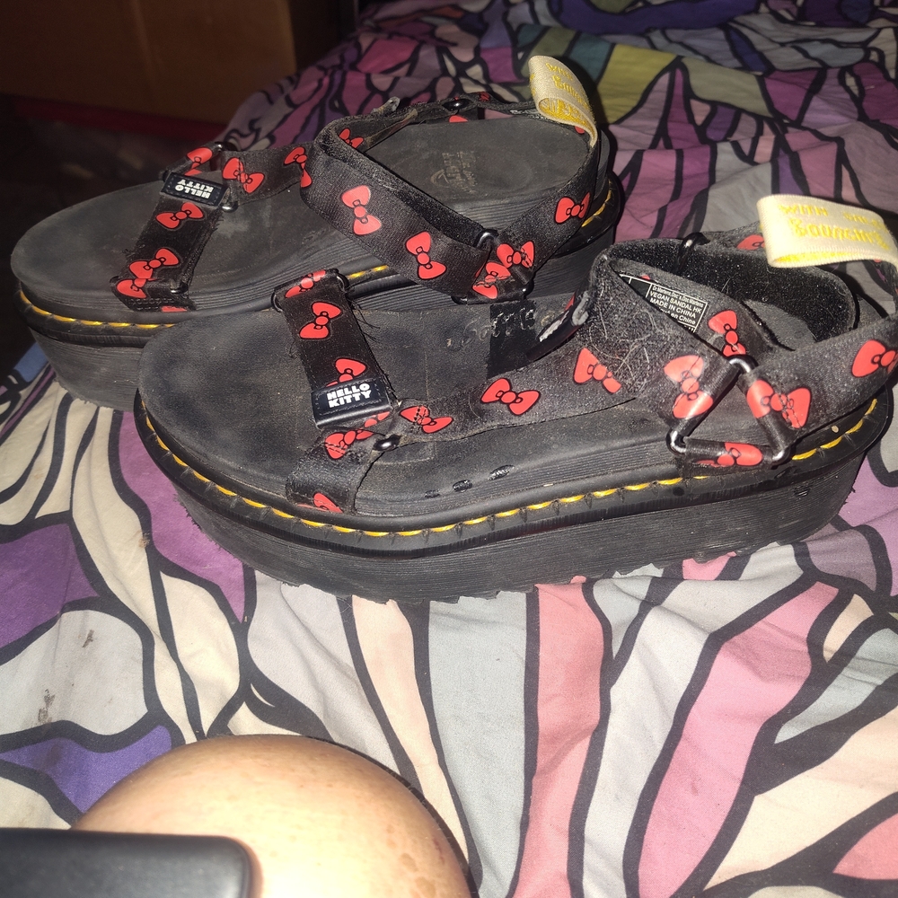 Dr. Martens Black Platform Sandals with Red Bow Print